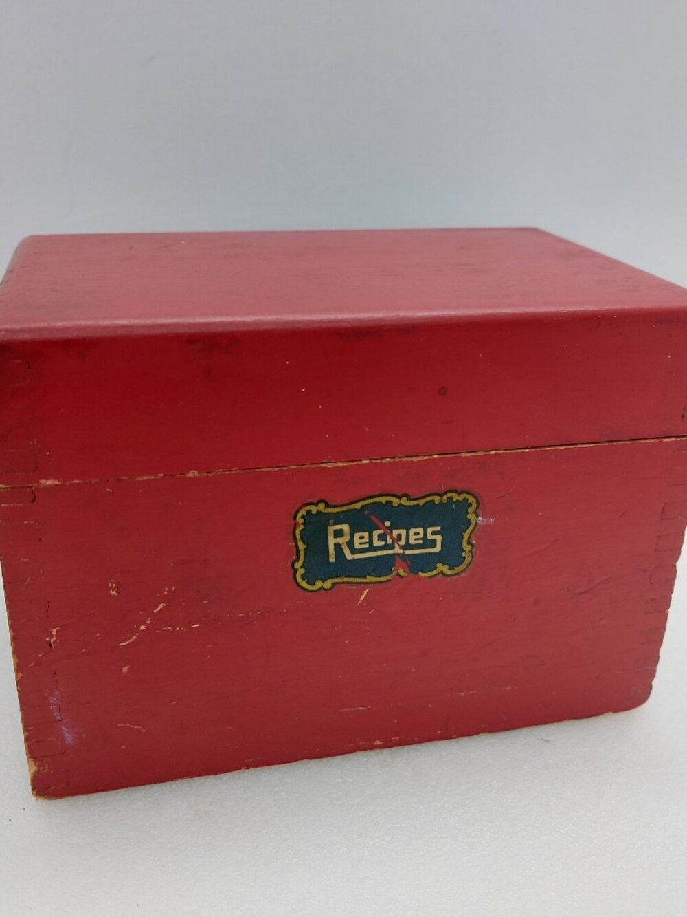 Vintage Wood Hinged Recipe Box Red Color  With Dividers & Handwritten Recipes